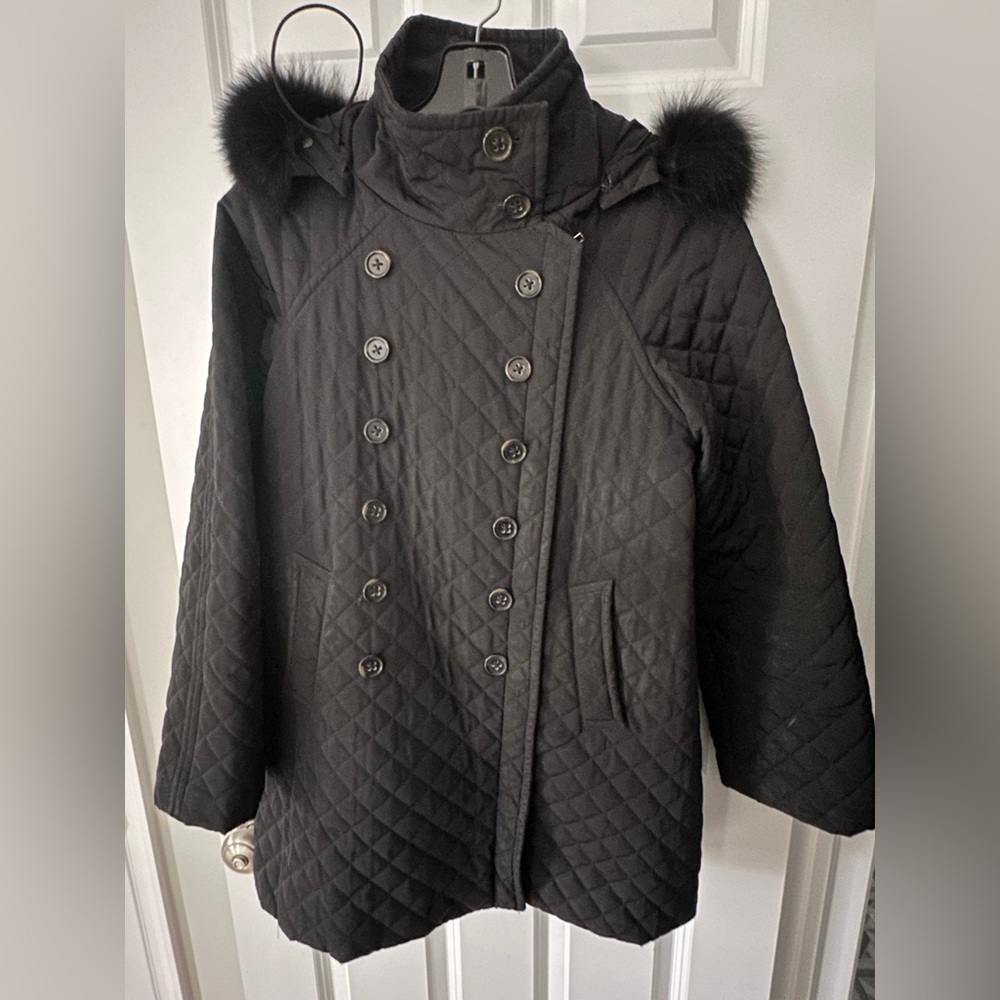 Jane Post M Quilted Raincoat With Removable Genuine Fox Hair Hood.